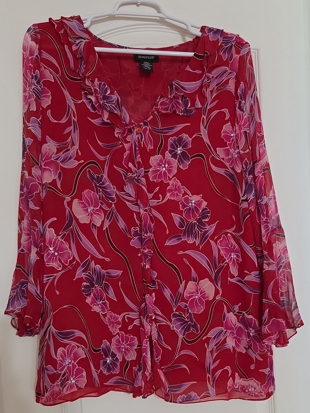 Avenue Red Pink Floral Ruffle Button-Front Blouse